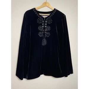 Talbots Women Black Velvet Evening‎ Blouse Silk Blend Black Bling Lined Size 14